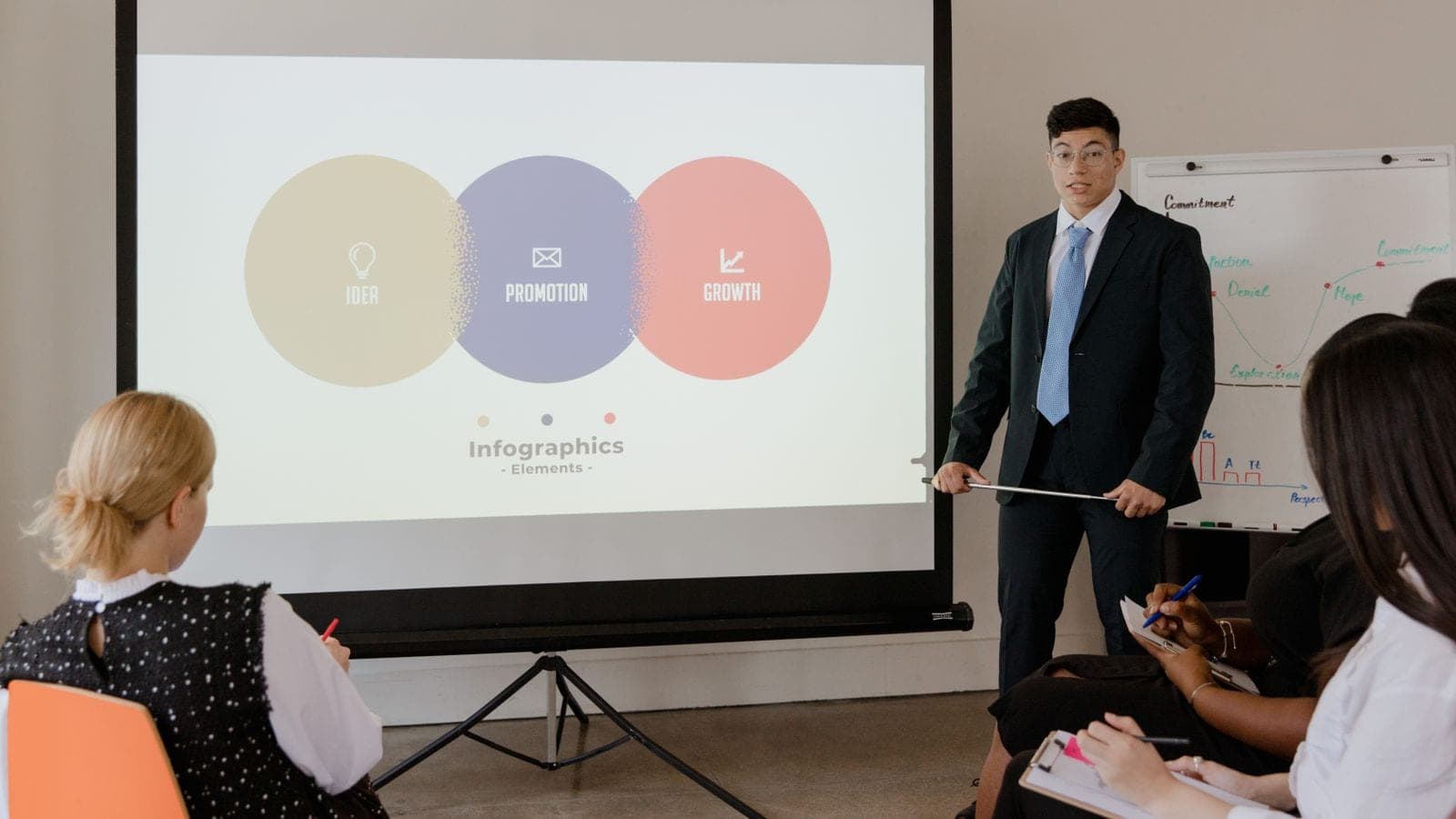 Founder presenting a startup pitch deck with projections to investors in a meeting room