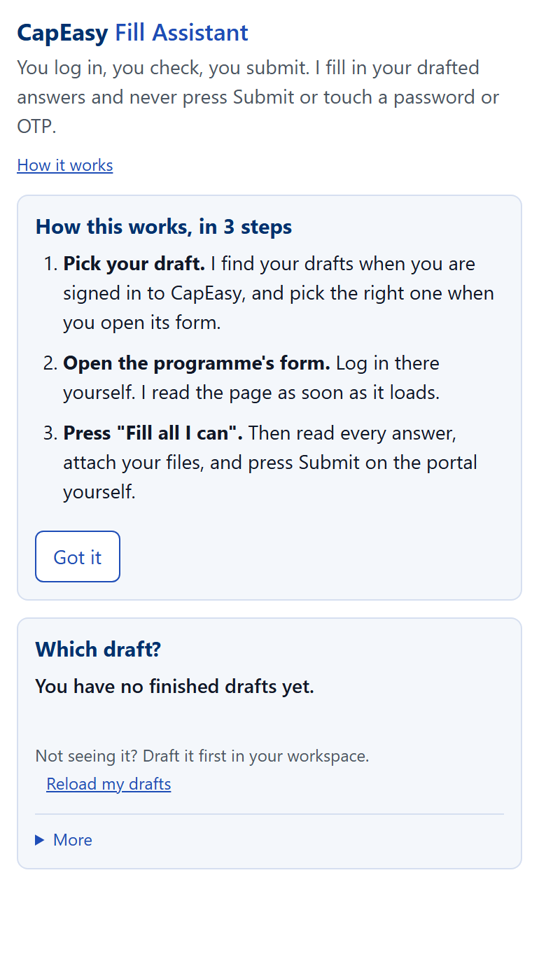Open the panel the first time: the Filing Assistant panel