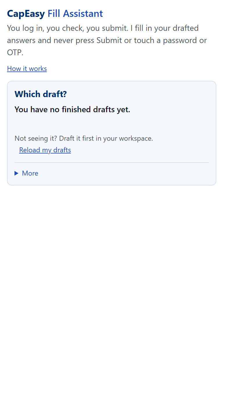 Load your application draft: the Filing Assistant panel