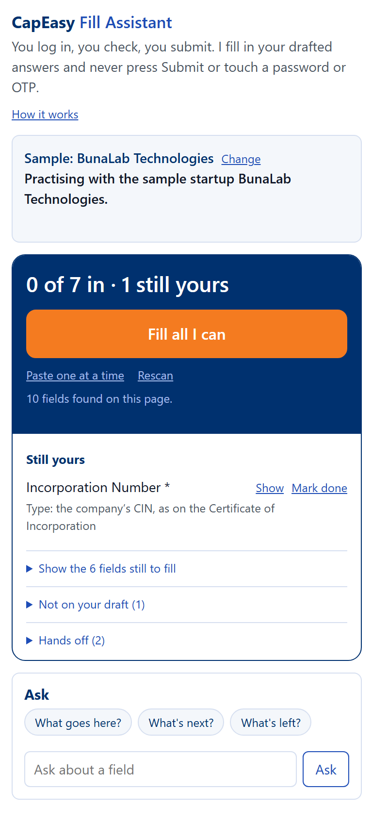 Or practise on a sample first: the Filing Assistant panel