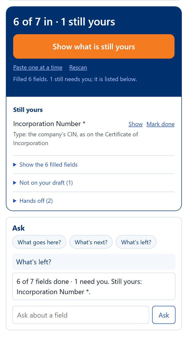 Ask when you are stuck: the Filing Assistant panel